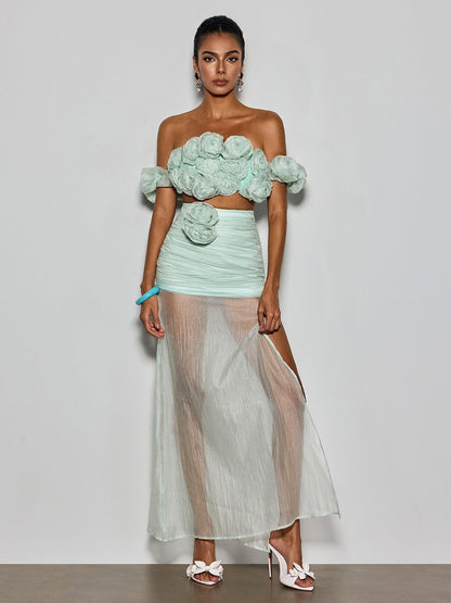 Peyton Off Shoulder Flower Mesh Skirt Set