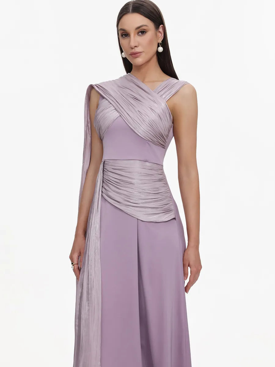 Lydia Elegant Flowy Sleeveless Pleated Drape Maxi Dress