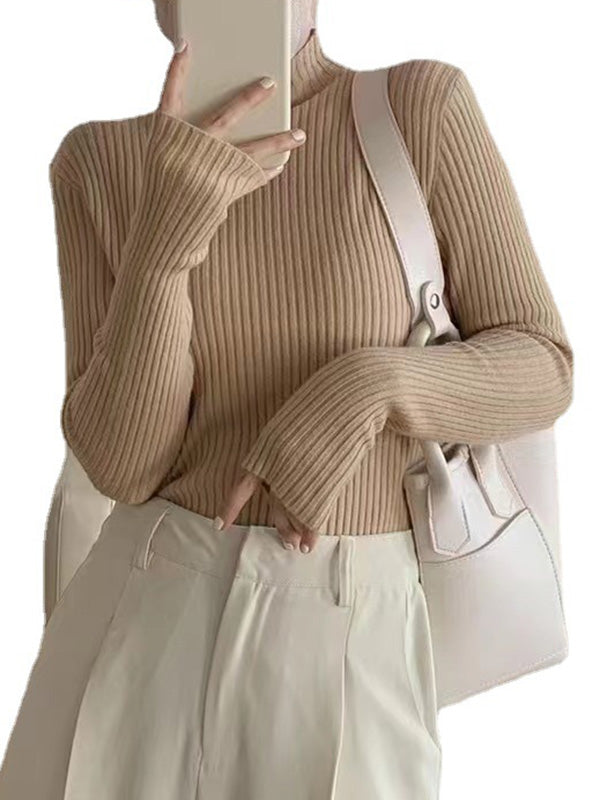 Long Sleeves Skinny Solid Color Mock Neck Knitwear Pullovers Sweater Tops