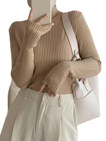 Long Sleeves Skinny Solid Color Mock Neck Knitwear Pullovers Sweater Tops