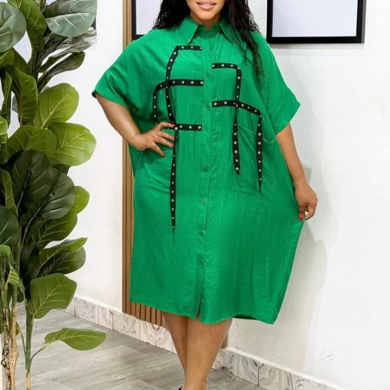 Loose Collar Short Sleeve Midi Shirt Dress