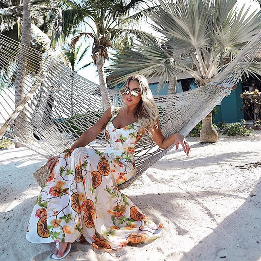 Sexy V-Neck Floral Printed Chiffon Mermaid Maxi Dress