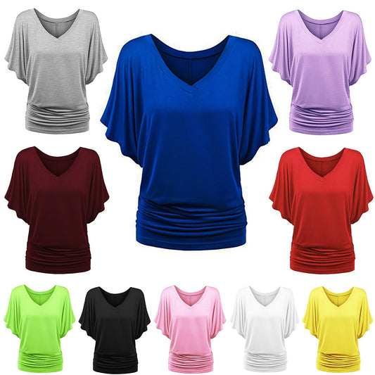 Plus Size Loose Fit Batwing Sleeve V-Neck Short Sleeve T-Shirt