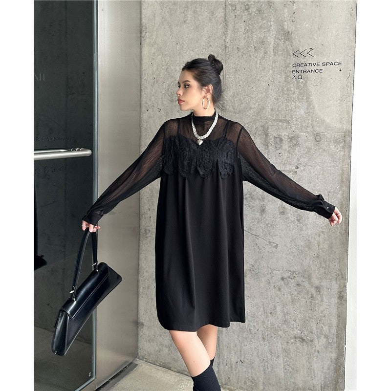 Hollow-Out Lace & Mesh Paneled Dress - Loose Fit, Luxury Feel, Elegant Mid-Length Dress For Women