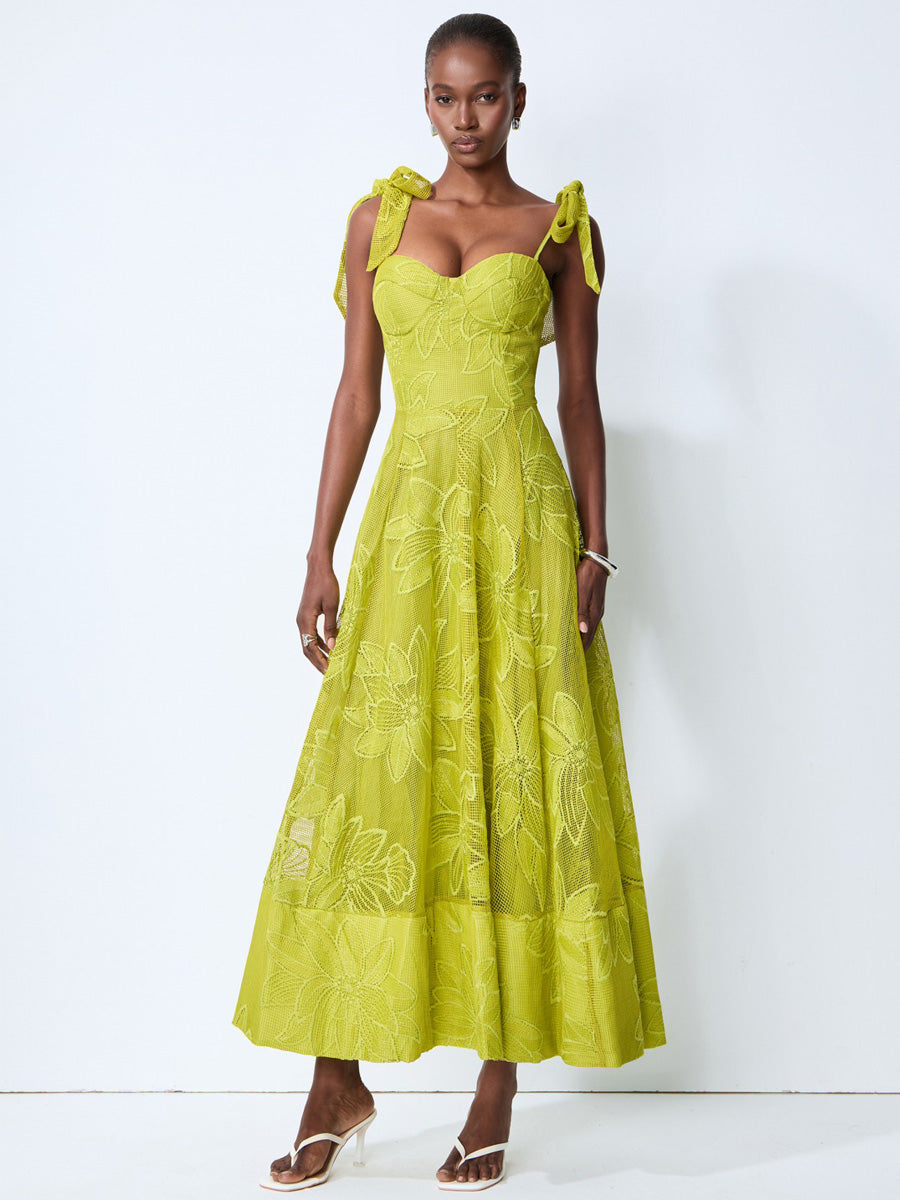 Ariana Romance Green Floral Lace Bow Strap Maxi Dress