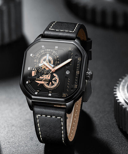 Unique Black Leather Quartz Movement Noctilucent Watches