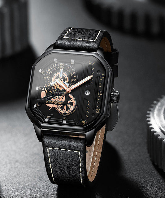 Unique Black Leather Quartz Movement Noctilucent Watches