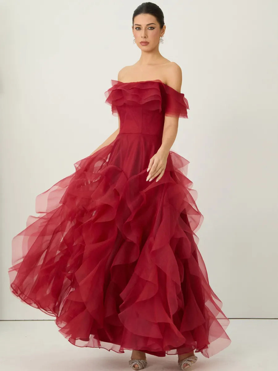 Penelope Off Shoulder Tiered Ruffle Organza Maxi Dress