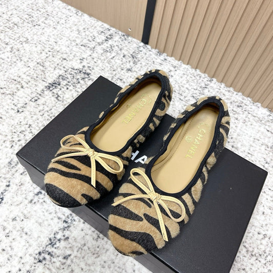 Chanel 26 Tiger Print Brown Black Ballet Flat in Sheepskin Wool 591377