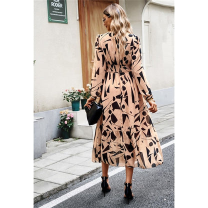 Casual Irregular Color Block Printed V-Neck Long-Sleeved Dress