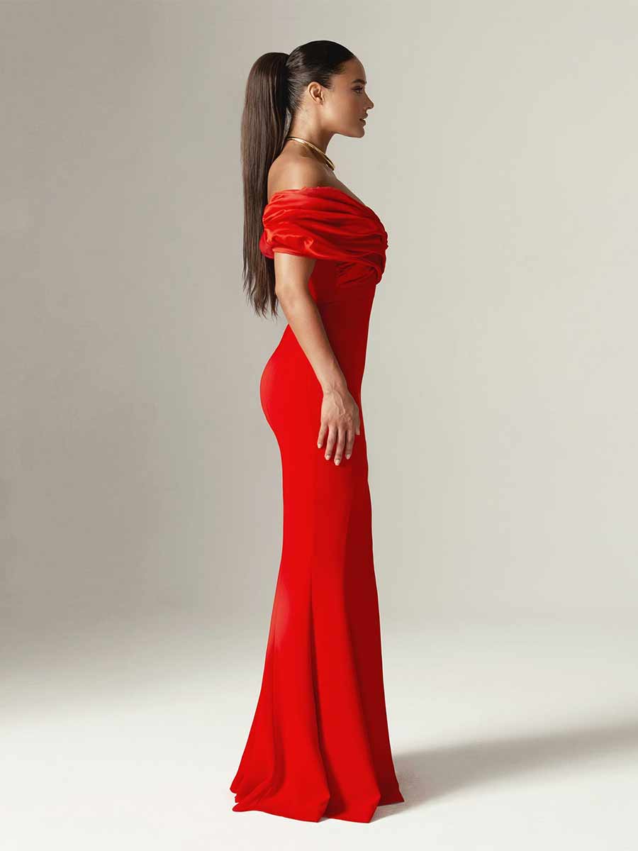 Nevaeh Crepe Ruffle Shoulder Maxi Dress