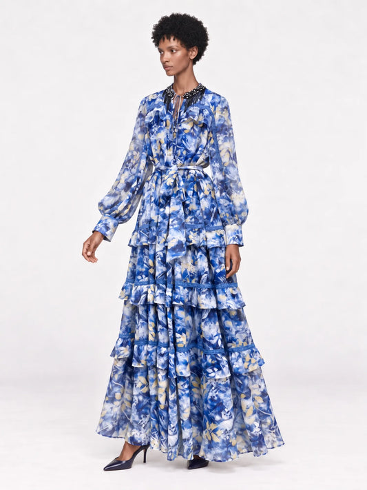 Josephine Elegant Printed Maxi Dress with Ruffle Sleeves