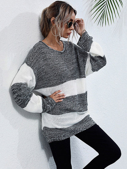 Simple Loose Contrast Color Striped Round-Neck Sweater