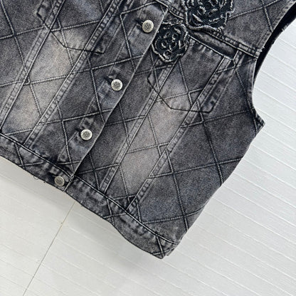 CC Flower Denim Vest Black Cotton
