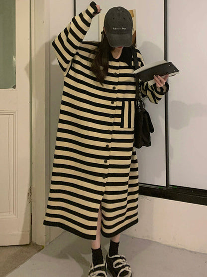 Urban Long Sleeves Loose Striped Polo Sweater Dresses