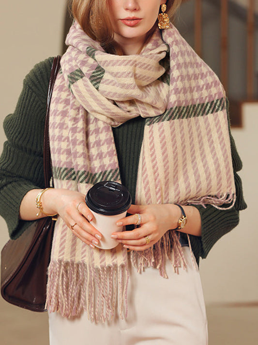 Houndstooth Plaid Tasseled Shawl&Scarf
