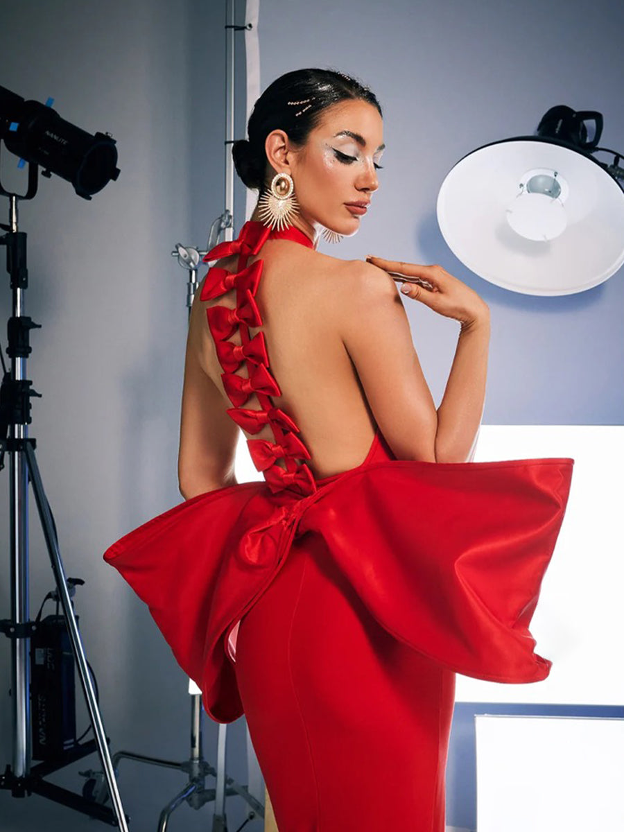 Milada Bow Bandage Split Dress In Red