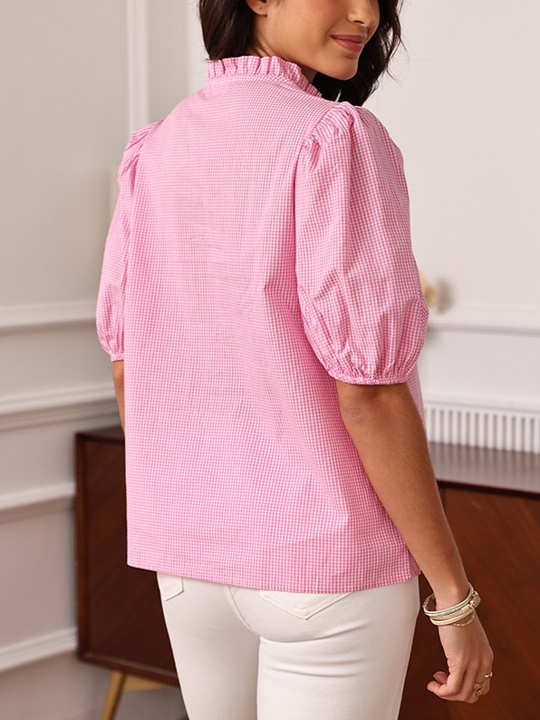 Plaid Floral Embroidered Ruffled Shirt