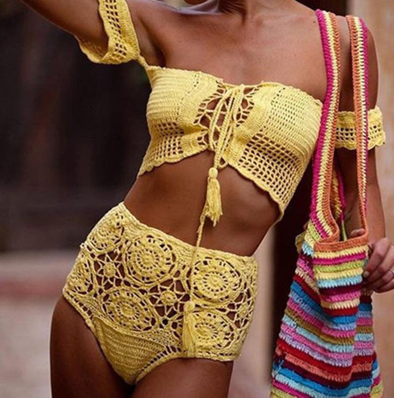 Off Shoulder Hollow Hook High Waist Bikini Swimsuit