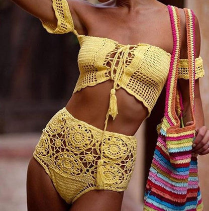 Off Shoulder Hollow Hook High Waist Bikini Swimsuit