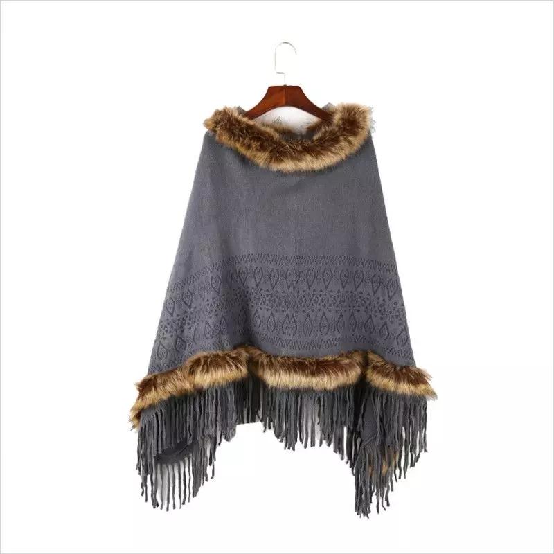 Women Artificial Fur Warm Pullover Cloak Shawl