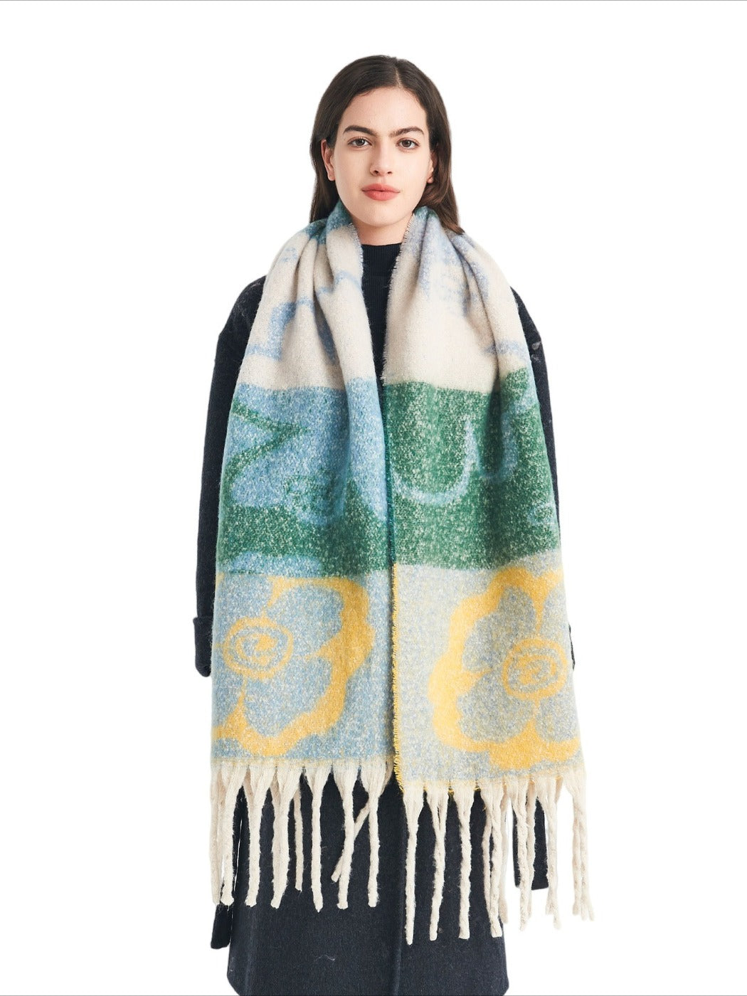 Scarvii - Retro Color-Block Fringe Scarf with Floral &amp; Leaf Patterns
