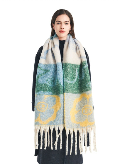 Scarvii - Retro Color-Block Fringe Scarf with Floral &amp; Leaf Patterns