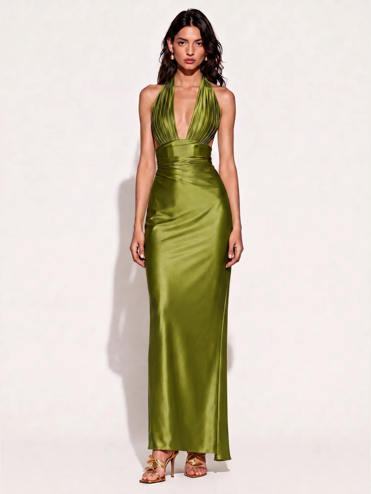 Audrey Satin Halter-Neck Mermaid Maxi Dress In Green