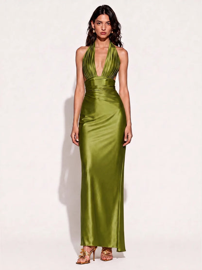 Audrey Satin Halter-Neck Mermaid Maxi Dress In Green