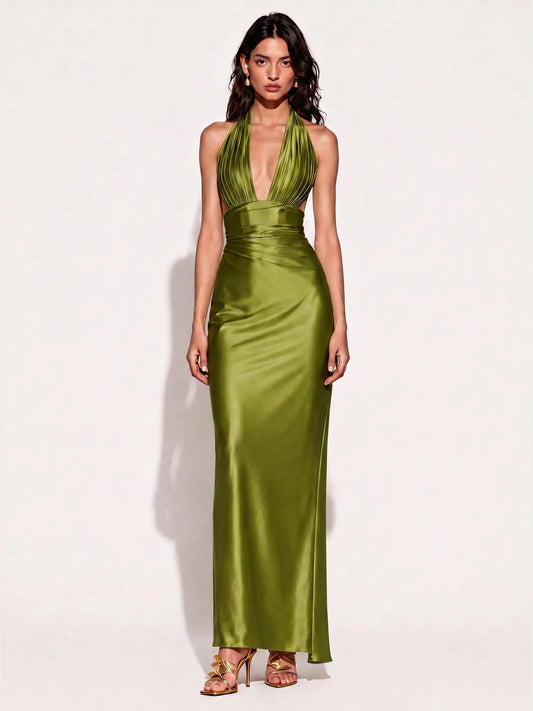 Audrey Satin Halter-Neck Mermaid Maxi Dress In Green
