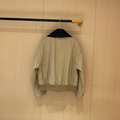 BV Leather Neck Zipped Jacket in Beige Fabric