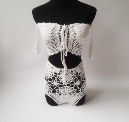 Off Shoulder Hollow Hook High Waist Bikini Swimsuit
