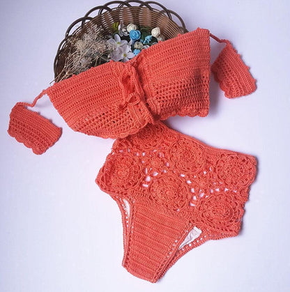 Off Shoulder Hollow Hook High Waist Bikini Swimsuit