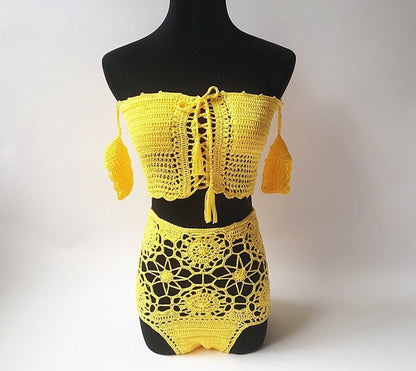 Off Shoulder Hollow Hook High Waist Bikini Swimsuit
