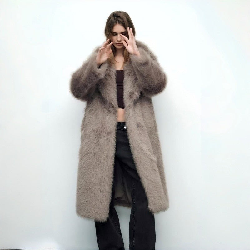 Long Fox Fur Collar Faux Fur Coat Women Fashion