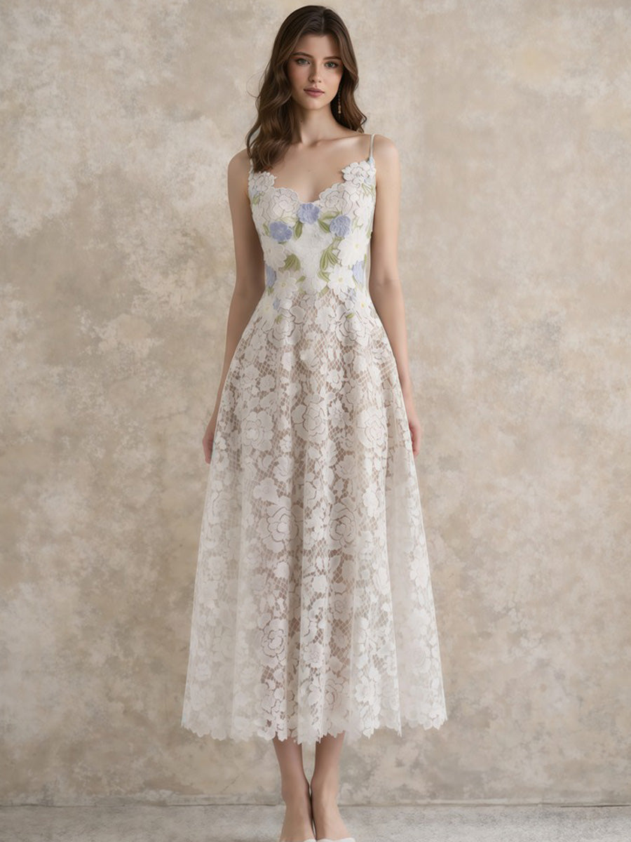 Paisley Floral Embroidered Lace Midi Dress
