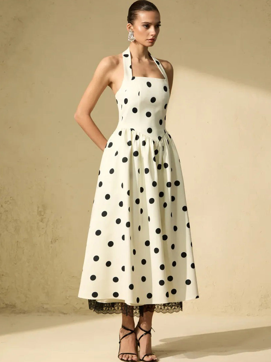 Bianca White Polka Dot Halter Maxi Dress
