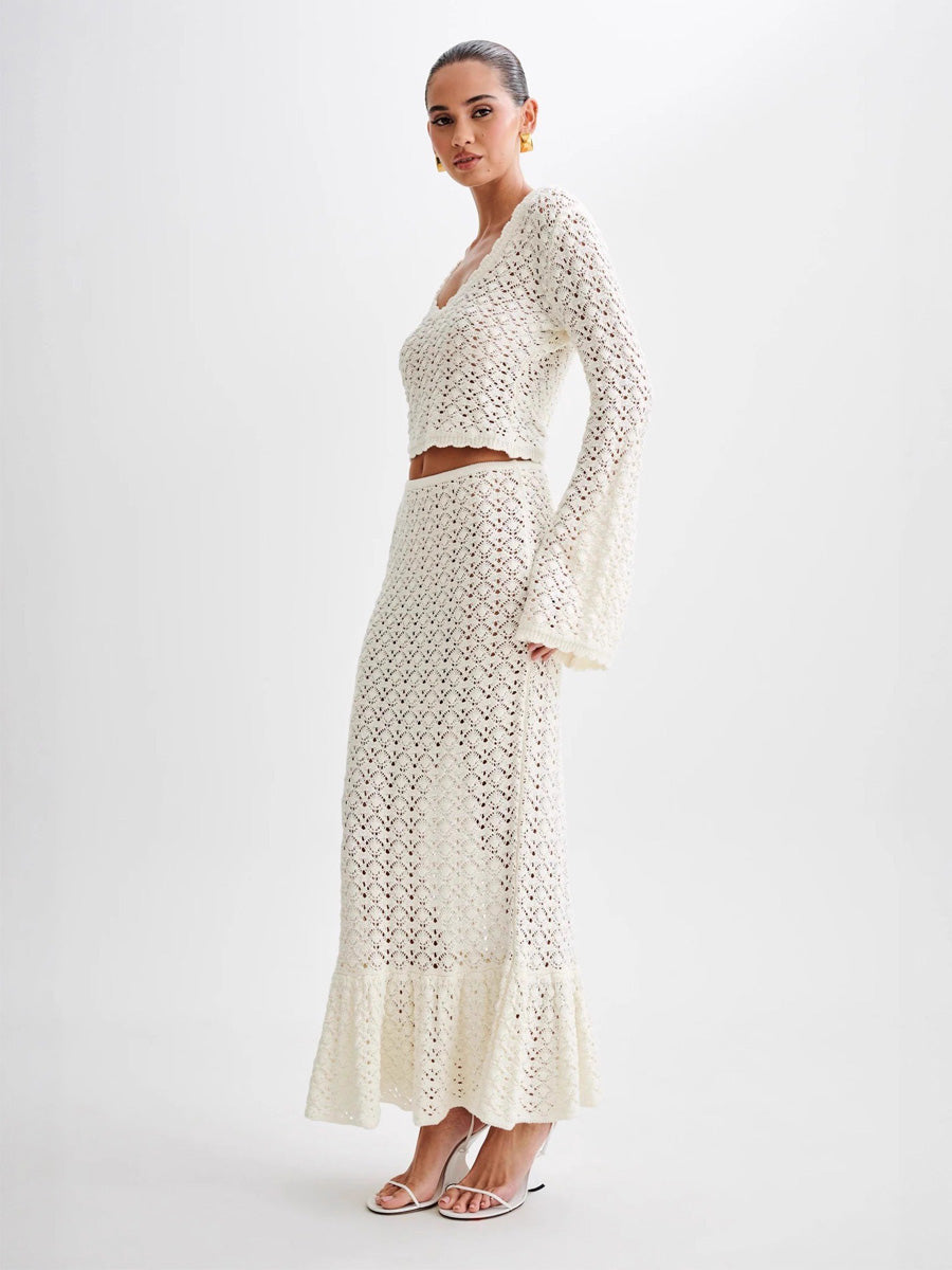 Oceane Resort Style Long-Sleeved Knitted Openwork Two-Piece Set