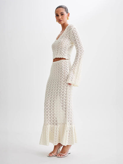 Oceane Resort Style Long-Sleeved Knitted Openwork Two-Piece Set