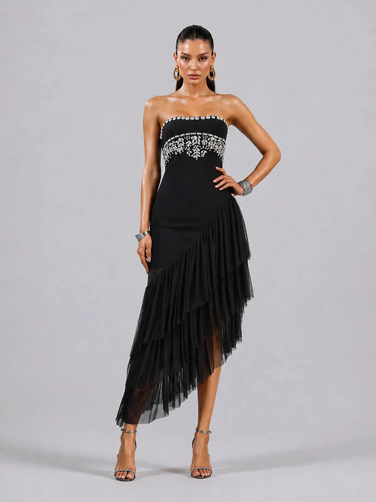 Rosalinda Strapless Floral Leaf Rhinestone Asymmetric Mesh Bandage Midi Dress