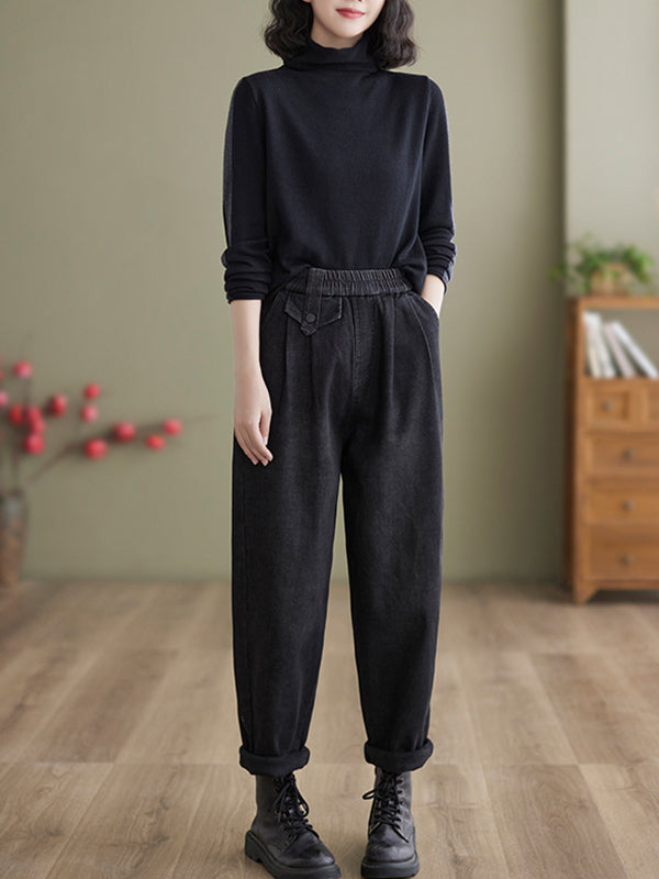 Casual Loose Velvet Elasticity Solid Color Harem Jean Pants Bottoms