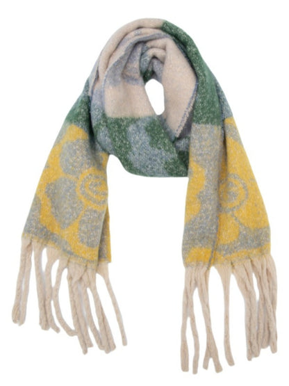 Scarvii - Retro Color-Block Fringe Scarf with Floral &amp; Leaf Patterns