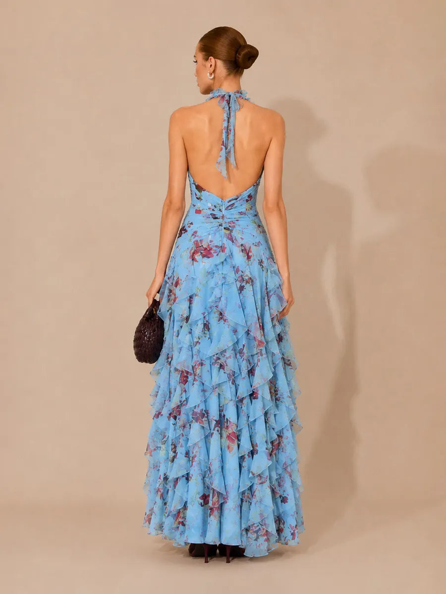 Mariana Printed Ruffled Asymmetrical Halter Backless Maxi Dress