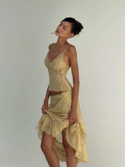 Rosalie Lace Appliqué Mesh Two Piece Midi Set in Yellow