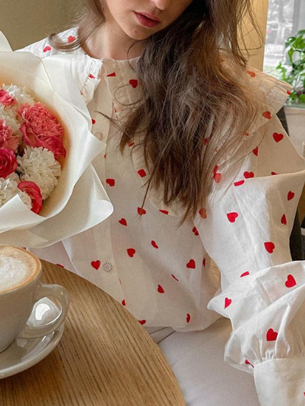 Loose Contrast Color Doll Collar Heart Print Blouses&Shirts Tops