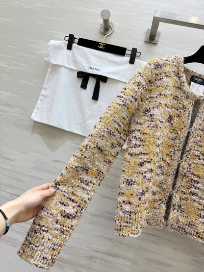 CC Cardigan Jacket Beige Multicolor Sheep Wool Tweed 343317