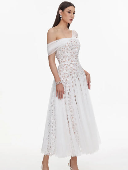Liliana Elegant Tailored Off Shoulder Lace Tulle Maxi Dress