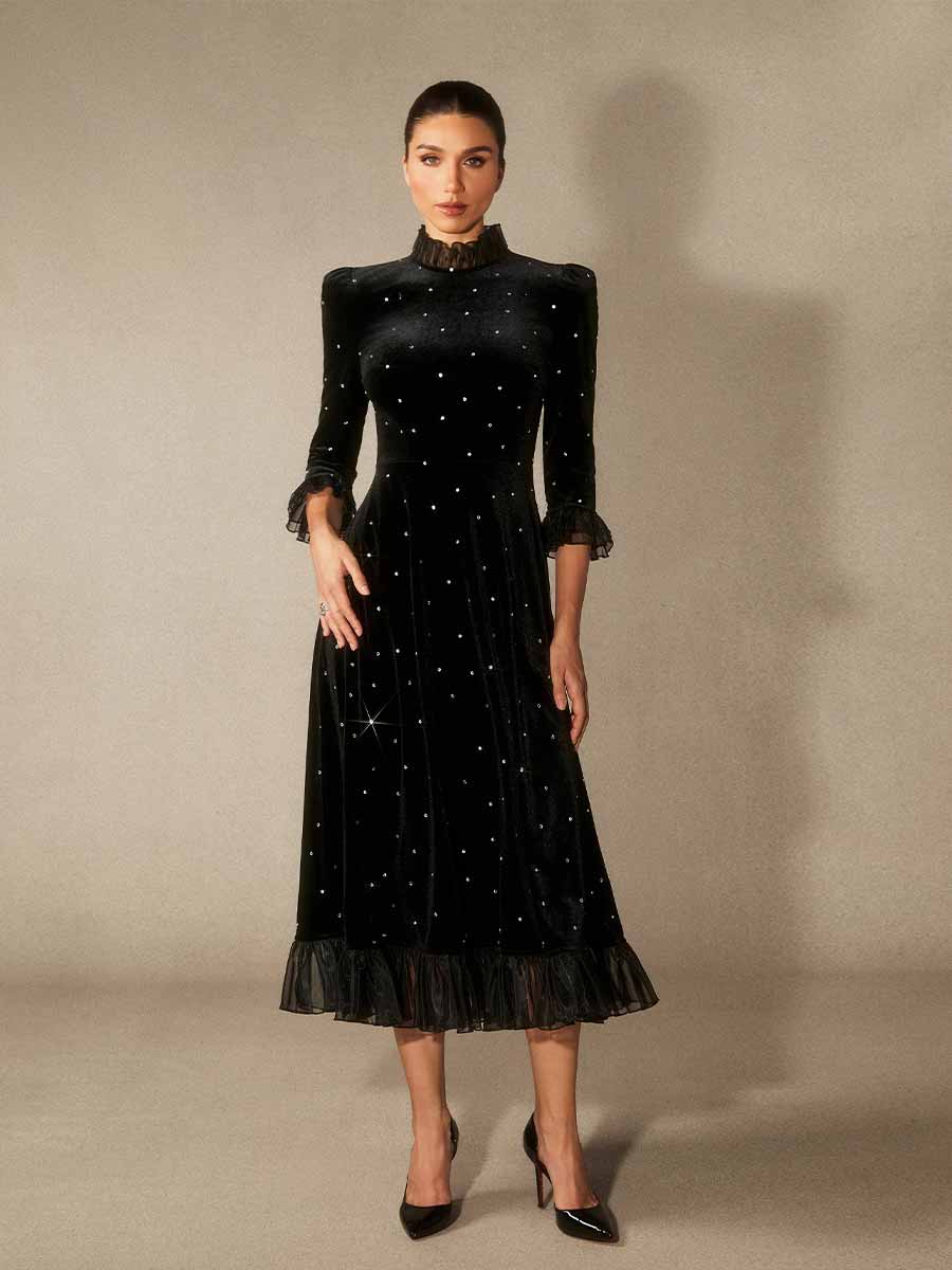 Beatrice Diamante Ruffle Velvet Maxi Dress