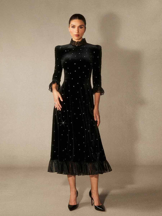 Beatrice Diamante Ruffle Velvet Maxi Dress