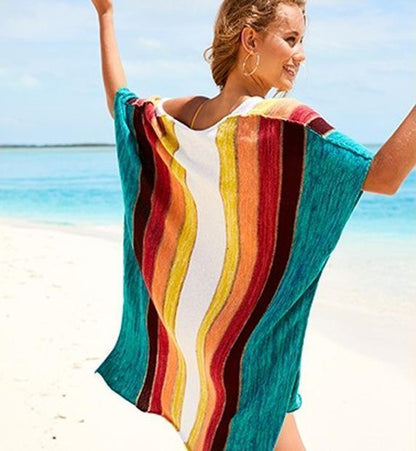 Rainbow Strips Loose Knitting Hollow Beach Blouses Bikinis